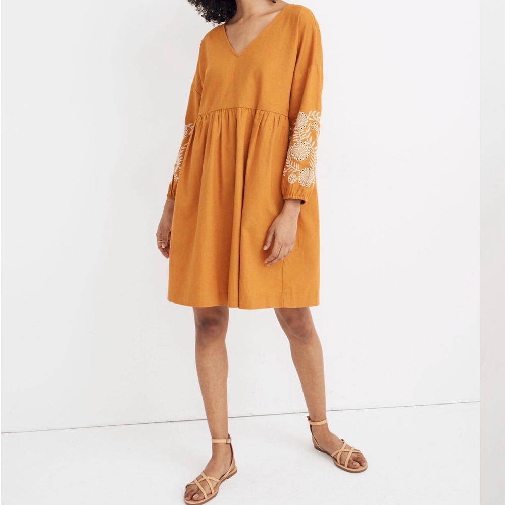Madewell V-Neck Dress with Embroidered Sleeves in Mustard